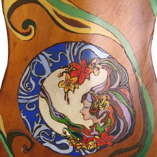 Art Nouveau decor, pyrography and oil paint on a wooden violin case